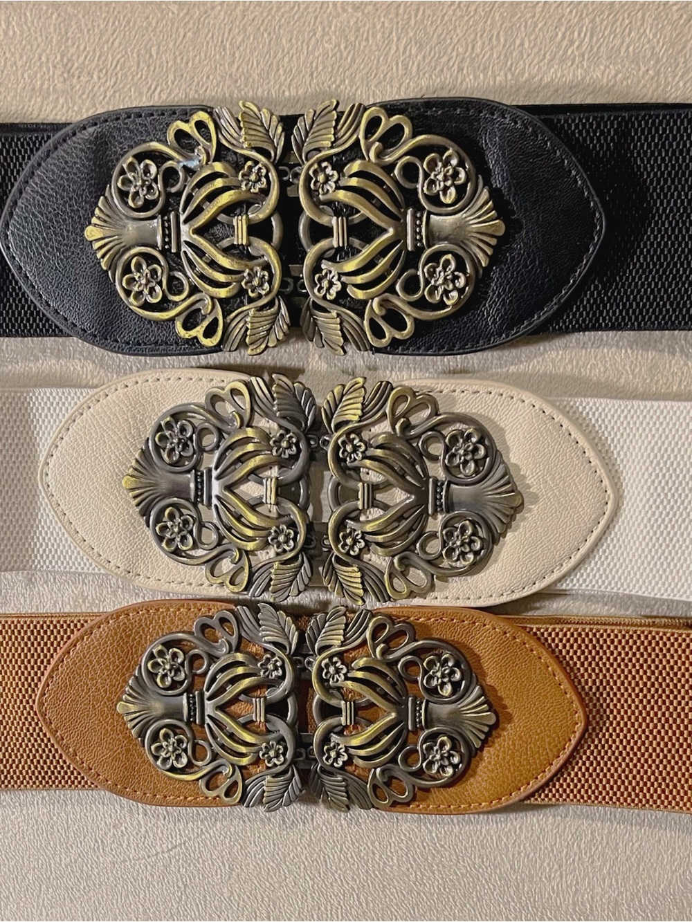Elastic Waist Belt with Ornate Antique Buckle - Black, White, Tan